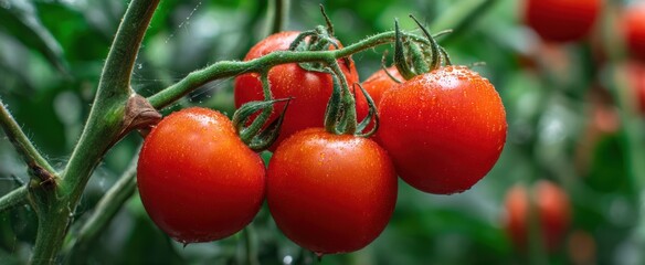 Obraz premium The Tomatoes on the Vine with Dewy Water Droplets in Garden Morning Light