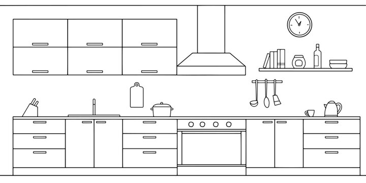 Kitchen room graphic black white home interior sketch illustration vector 