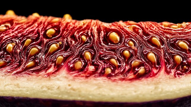 Higo abierto macro pulpa roja vibrante semillas doradas, Textura de fruta ex&oacute;tica premium detalle de alta gama, Fondo de higo fresco para banner de comida saludable
