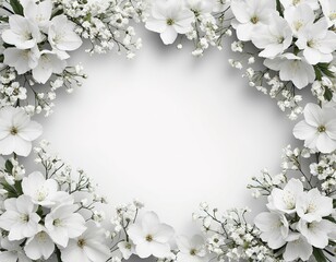 Delicate white flowers on a white background. Spring frame. Space for text. Color of the Year 2026, Cloud Dancer.