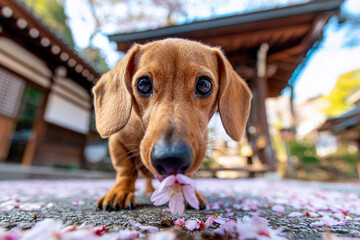 地面の桜の嗅ぐダックスフンド
