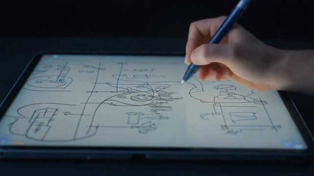 A hand drawing technical designs on a tablet screen in dim lighting.