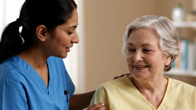 Compassionate nurse providing comfort to elderly patient at home in soft lighting during emotional interaction