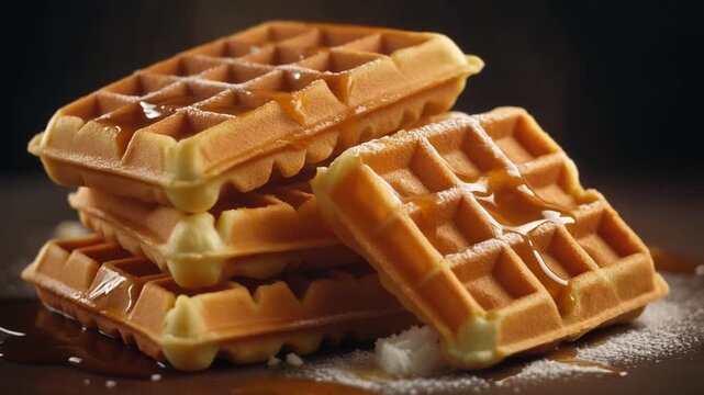 Delicious golden waffles stacked with syrup dripping on top.