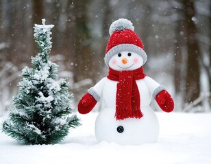 snowman standing on a sunny winter day. Winter Christmas New Year card