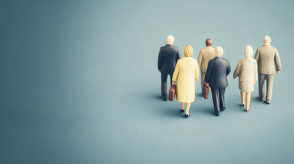 Miniature people walking together toward light in a collective journey urban environment conceptual art