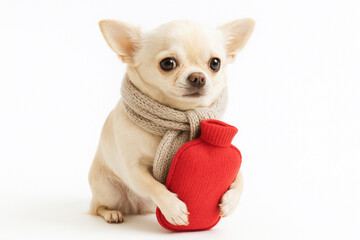 湯たんぽとマフラーで寒さ対策をするチワワ
