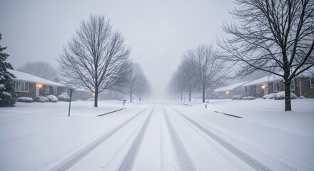 Obraz premium Winter street covered in deep snow during a heavy blizzard. Residential suburban neighborhood with brick houses and bare trees in bad weather. Empty road with tire tracks
