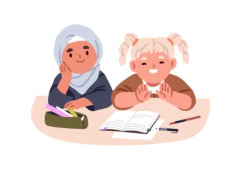 Fotobehang Onderzeeër Elementary school girls at study desk. Happy muslim kid in hijab sitting with smiling classmate. Cute children at table. Kids learning together. Flat vector illustration isolated on white background  © Good Studio