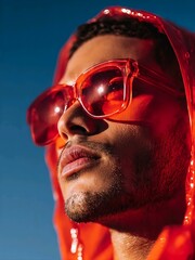Close-up of a man in red futuristic vinyl hoodie and sunglasses. Cinematic streetwear portrait, vibrant red and blue contrast, tech-wear fashion.