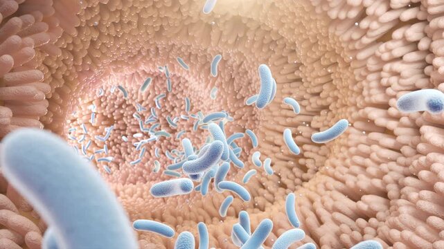 Concept of probiotics in the gut, showing beneficial bacteria interacting with villi in the digestive system, 3d animation.