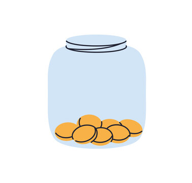 Coins inside glass jar. Saving money. Budget, finance and investment concept. Cash deposit, charity, donation container. Collecting tips, change. Flat vector illustration isolated on white background