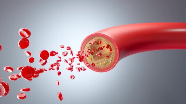 Hyperlipidemia, or high cholesterol buildup in blood vessels, 3d animation.