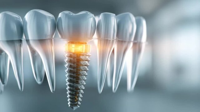 Dental implant titanium screw and prosthetic tooth closeup showing dental crown and glowing abutment between natural teeth, oral health dentistry dental restoration implant surgery tooth prosthetic