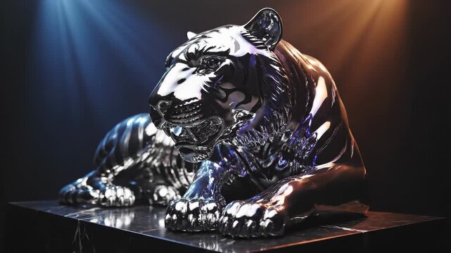 The scene features a large, shiny tiger sculpture resting on a pedestal. The tiger sculpture reflects light from purple and green sources, enhancing its metallic appearance.