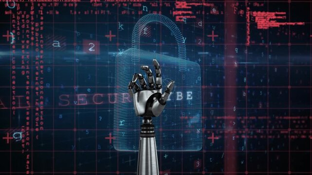 Animation of robotic hand over data processing on black backgorund