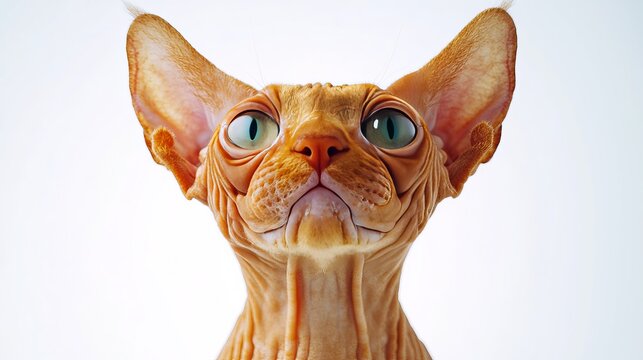 Elegant Sphynx Cat Portrait with Intense Gaze Against a Crisp Studio Background, Captured Close-Up