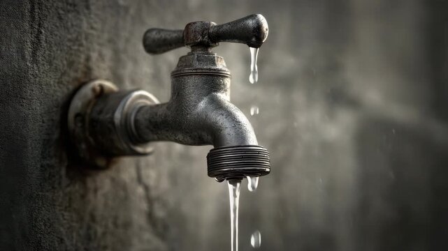 Old metal faucet tap with water drip leak rust outdoor concrete wall close up textured worn surface thin stream flowing from spout single drop forming moody soft natural lighting conservation reminder