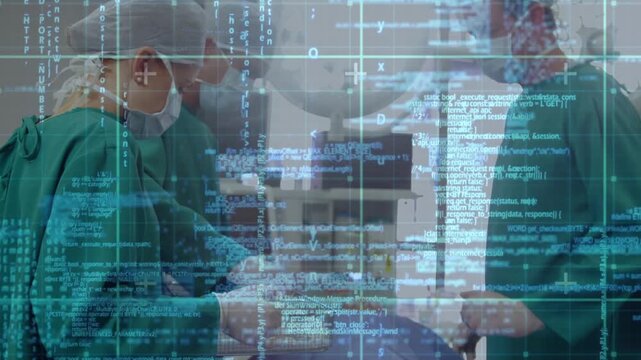 Animation of data processing over caucasian doctors during surgery