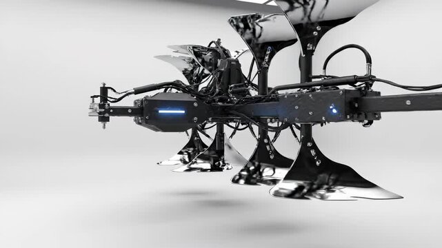 The image showcases a sleek, modern plowing machine with metallic blades. The plowing machine features intricate design elements and is set against a minimalist background.