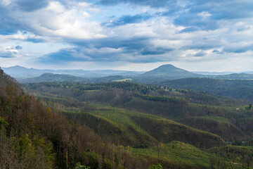 Fototapeta premium Hrensko, Czech Republic, Bohemian Switzerland National Park three years after a massive forest fire. The landscape shows dead tree trunks and active regeneration with new greenery under cloudy skies.