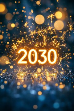 Welcoming the Year 2030 with Sparklers and a Mesmerizing Display of Lights in the Night Sky