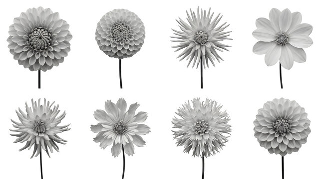 Black and white dahlia flower set including diverse petal shapes like pompon and cactus styles on stems isolated. Monochrome botanical nature collection.