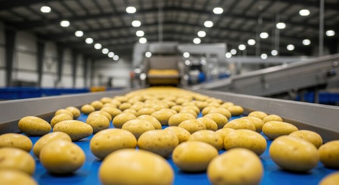 Fresh potatoes on a blue conveyor belt in a food processing factory