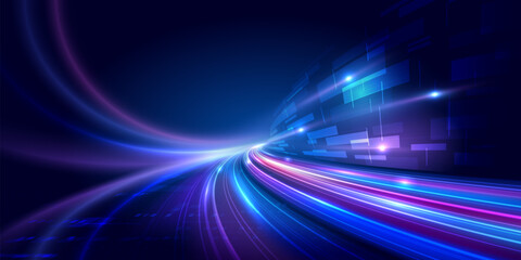 Abstract futuristic digital technology background vector illustration featuring glowing light trails and dynamic data flow with left copy space for text in cyber space, suitable for ai, big data, fint © Phantip