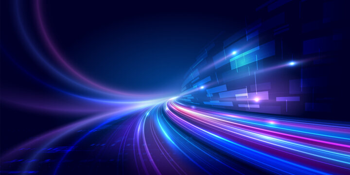 Abstract futuristic digital technology background vector illustration featuring glowing light trails and dynamic data flow with left copy space for text in cyber space, suitable for ai, big data, fint
