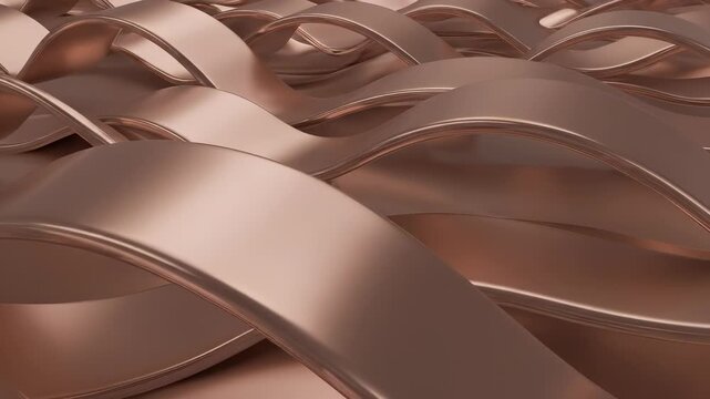 The scene depicts smooth, flowing waves of metallic material. The waves shimmer with a rose-gold hue, creating a dynamic visual texture and depth.