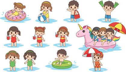 Obraz premium Cute children swimming and playing in water during summer vacation cartoon vector illustration