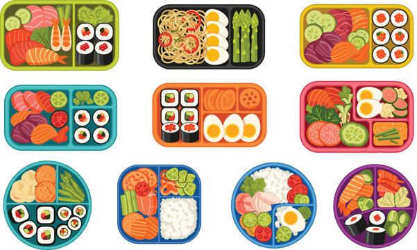 Healthy bento lunch box meal collection with sushi, vegetables, eggs and balanced nutrition vector illustration