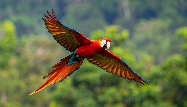 Guacamayo rojo volando con alas extendidas sobre selva tropical