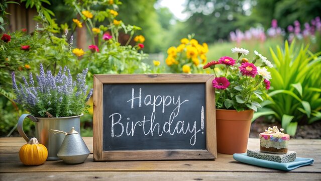 Happy Birthday Chalkboard in a Garden Setting 