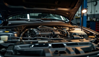 Obraz premium Engine under the hood of a car