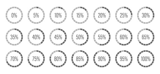 Round percentage infographic. Progress bars. Template of dark gray and gray color fill pie charts indicator. Circle diagrams icons for infographics from 0 to 100 percent.
