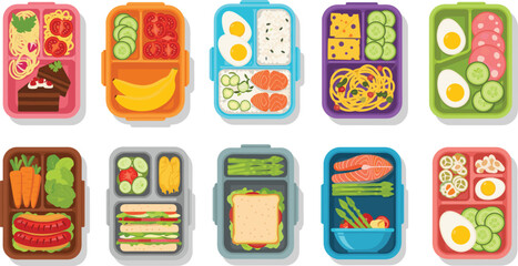 Healthy lunch box meal collection with fresh food containers for kids and adults vector illustration