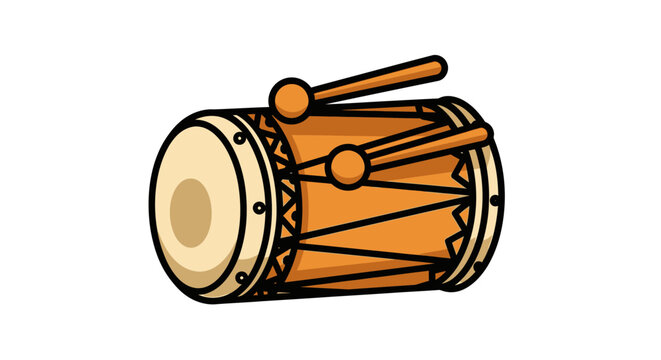 Cartoon illustration of a traditional Indian dholak drum with two drumsticks.