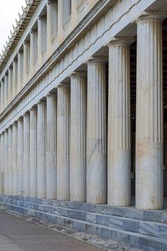 Ancient Greek Architecture of Stoa of Attalos in Athens Featuring Rhythmic Marble Doric Columns and Hellenistic Design at the Ancient Agora Archaeological Site