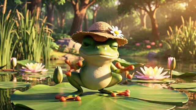 A serene green frog meditating on a lily pad wearing a straw hat in a tranquil pond surrounded by lush greenery