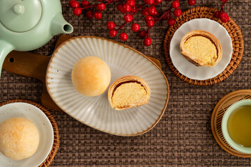 Traditional taiwanese small mung bean pastry with sweet filling.