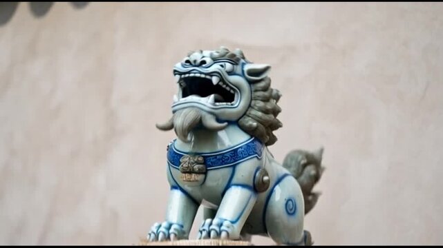 Ancient Chinese Guardian Lion Statue: Ornate Stone Sculpture with Mystical Symbolism in Traditional Asian Architecture
