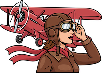Flat Cartoon Female Aviator Adjusting Goggles with Red Biplane Airplane © Sugianto