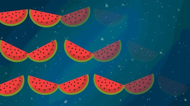 Animation of pink watermelon slices over snowflakes falling on dark background