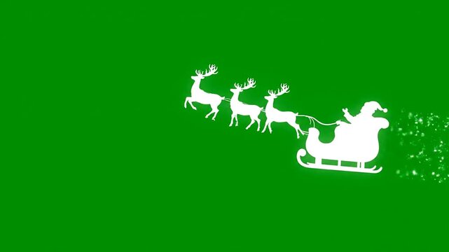 Santa claus in sleigh silhouette flying across a green screen