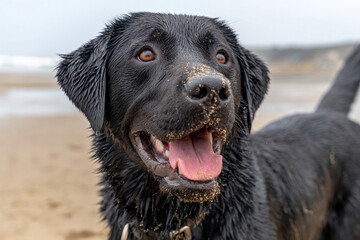 砂浜で笑顔の黒いラブラドール
