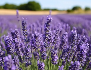 Lavender blooms in a field in summer. Floral background, poster, card, wallpaper, nature beauty.