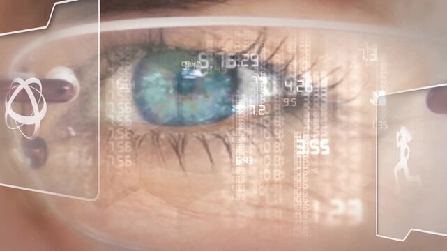 Animation of data processing over eye of caucasian woman