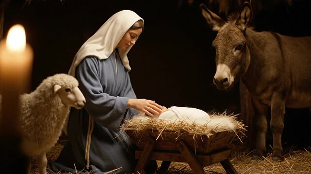Scene of a mother with a newborn and animals with warm lighting